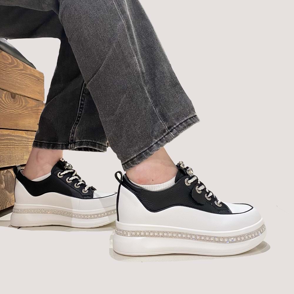 24K308 Kadın Deri Casual Ayakkabı - Beyaz-Siyah - 41