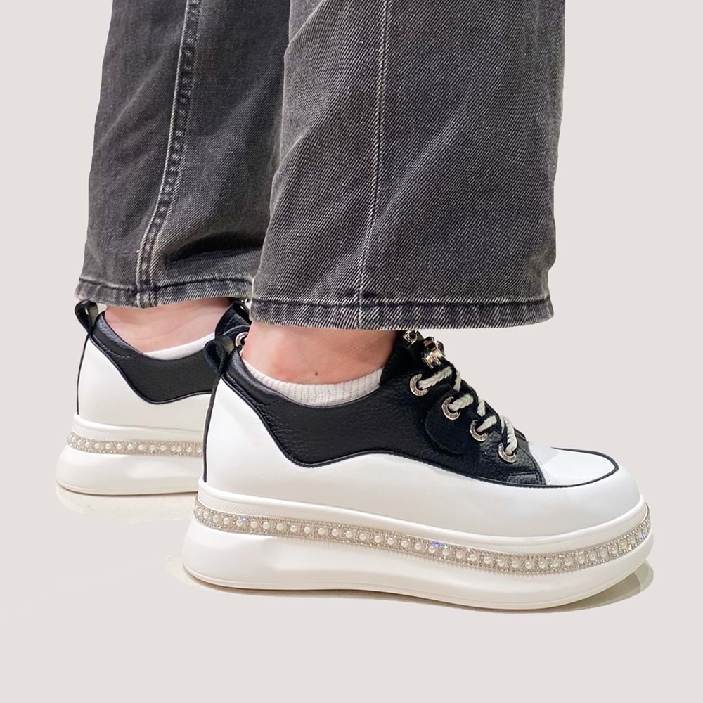 24K308 Kadın Deri Casual Ayakkabı - Beyaz-Siyah - 41