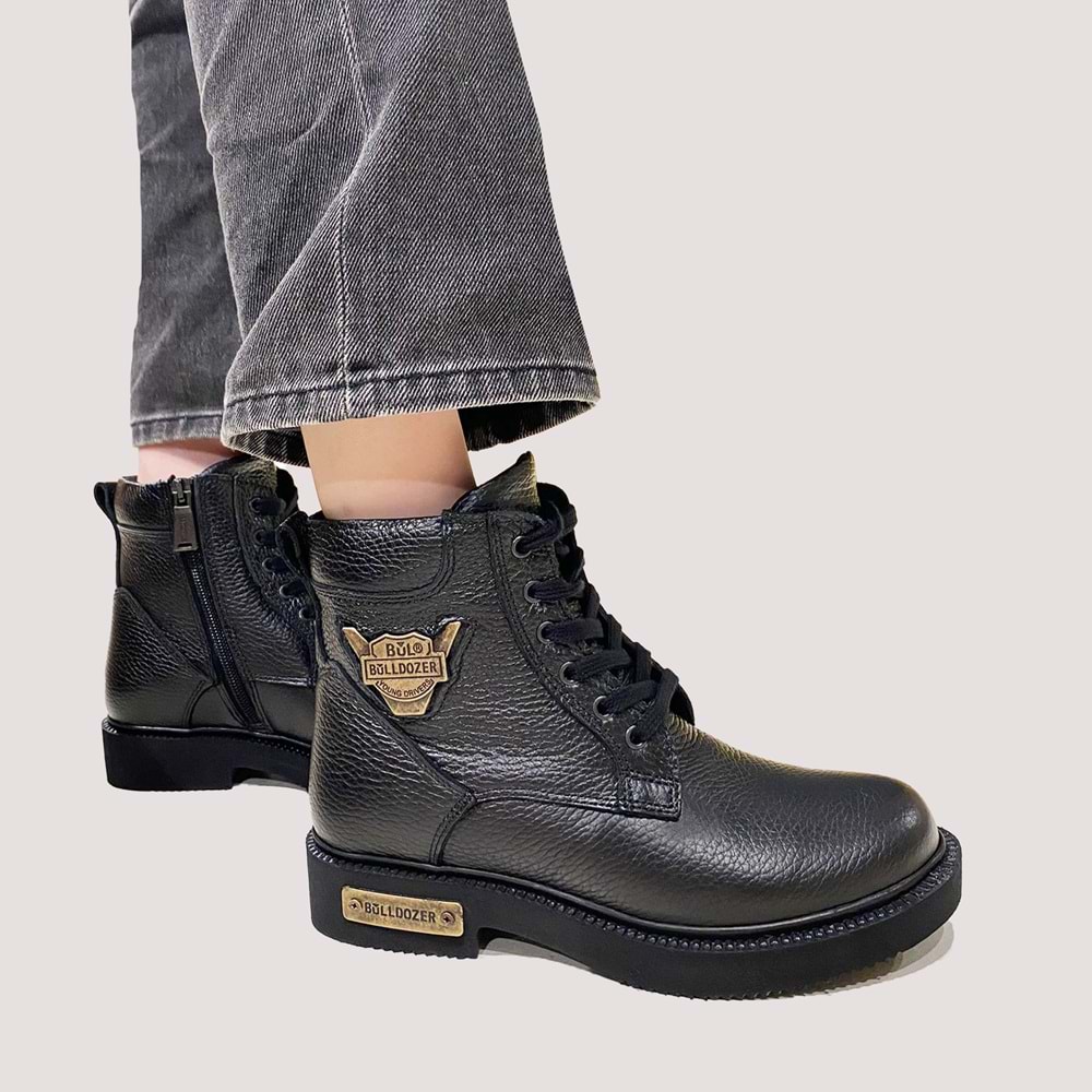 240505 Unisex Deri Fermuarlı Bot - Siyah - 40