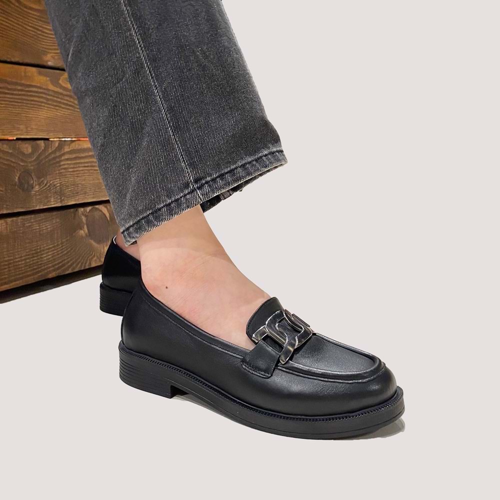 250776 Kadın Deri Tokalı Casual Ayakkabı - Siyah - 39