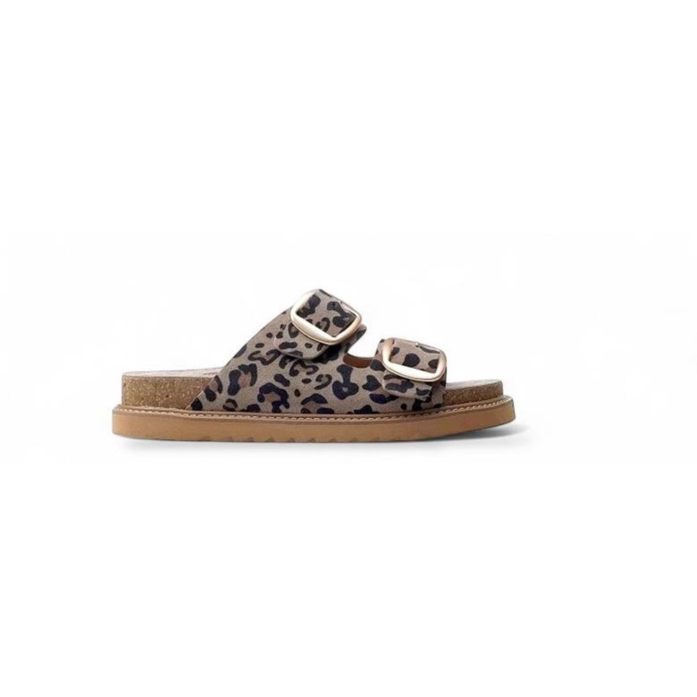 Kadın Deri Tokalı Terlik D25YT-1445 LX-Leopar - Taba - 40