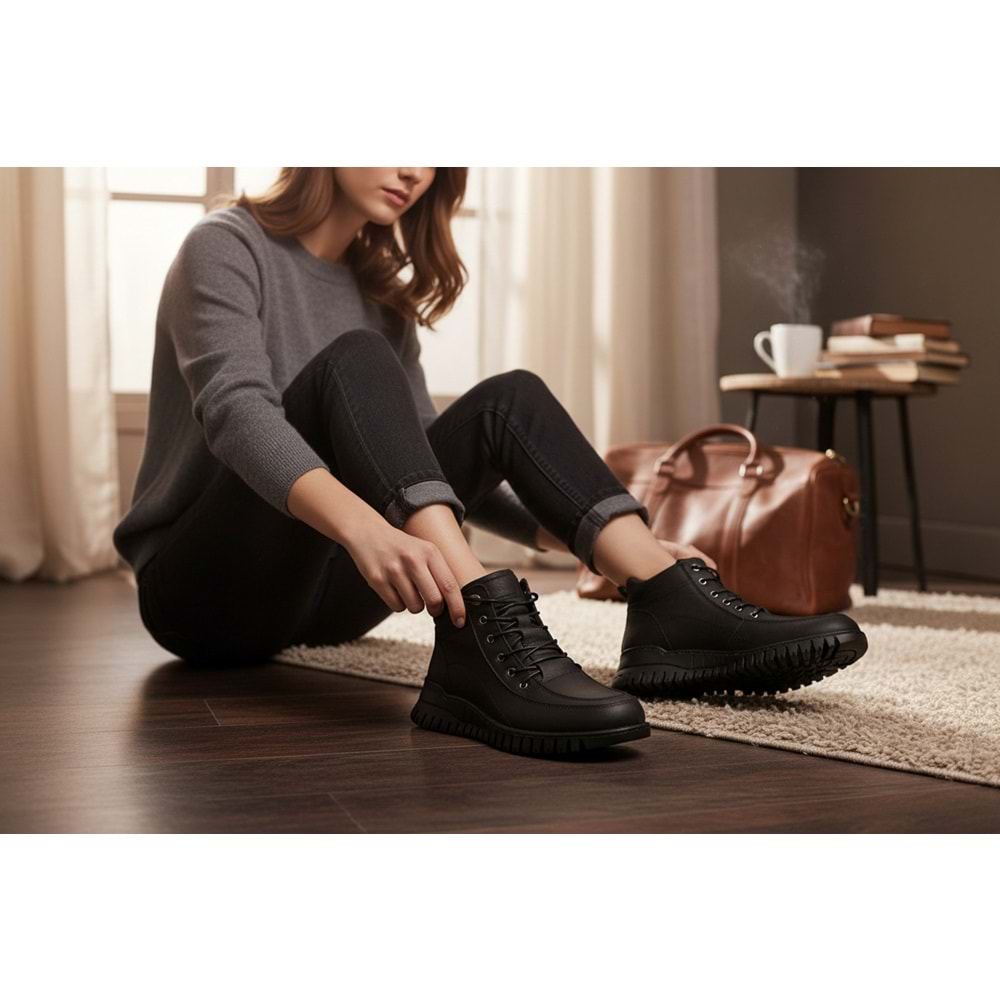 Kadın Deri Fermuarlı Casual Bot 1460 - Siyah - 40