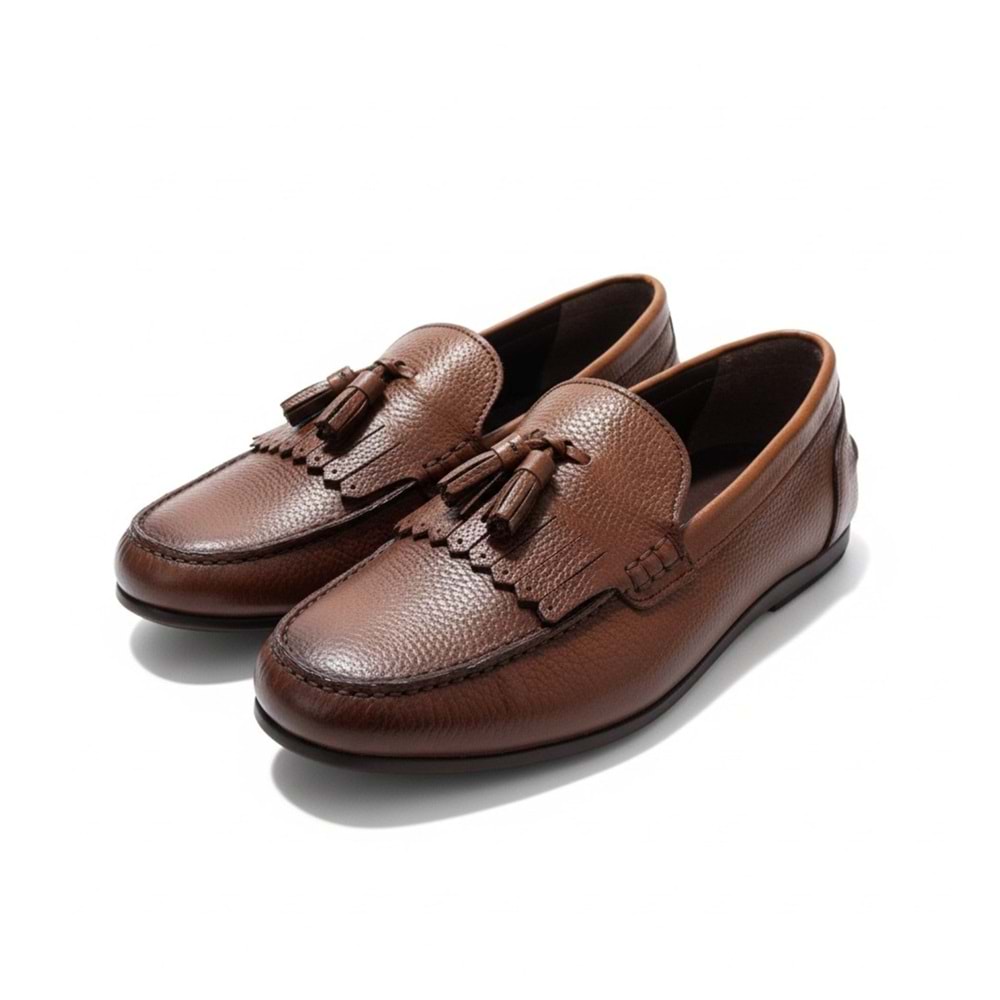 Erkek Hakiki Deri Püsküllü Loafer Ayakkabı K17903 - Kahve - 44