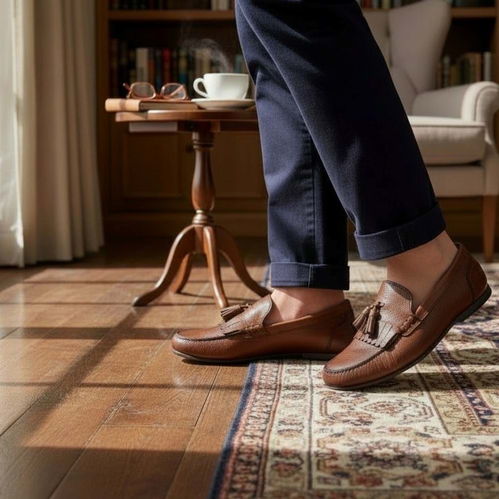 Erkek Hakiki Deri Püsküllü Loafer Ayakkabı K17903 - Kahve - 44