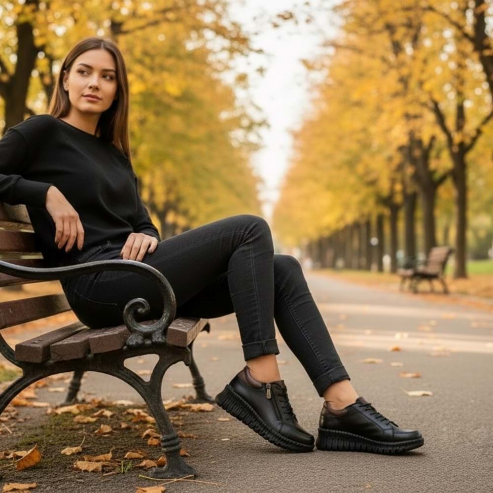 Kadın Deri Comfort Fermuarlı Ayakkabı 7755B - Siyah - 38