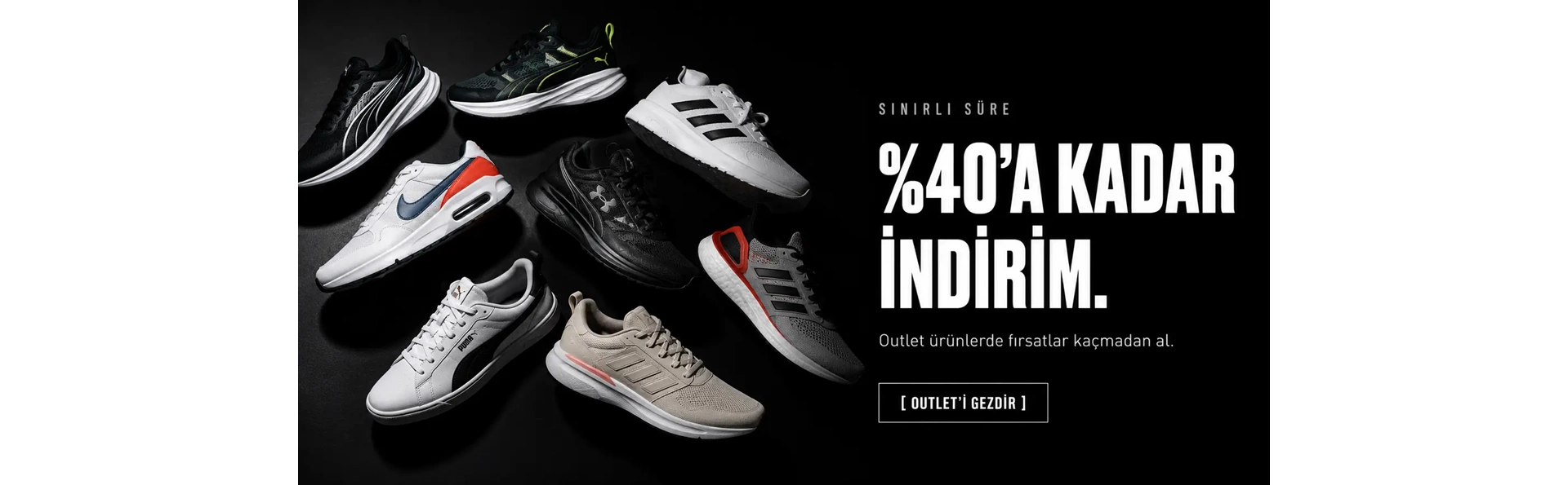 Outlet kategorisindeki indirimli spor ayakkabı modelleri ile hazırlanan yüzde 40 a varan indirim kampanyası banner görseli.