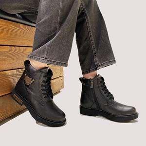 240505 Unisex Deri Fermuarlı Bot - Siyah - 40